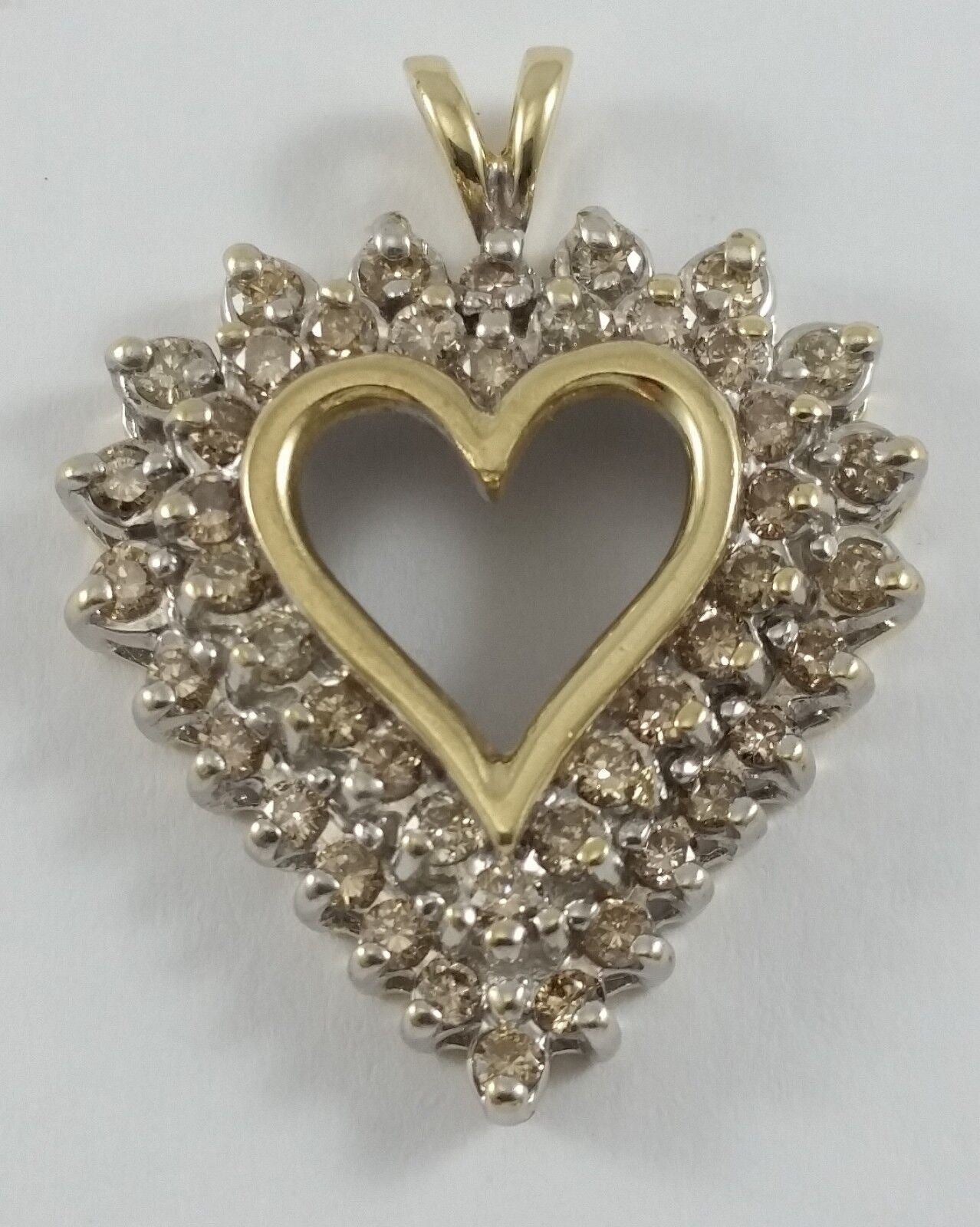 10K Solid Two Tone Gold Open Heart Diamond Pendant