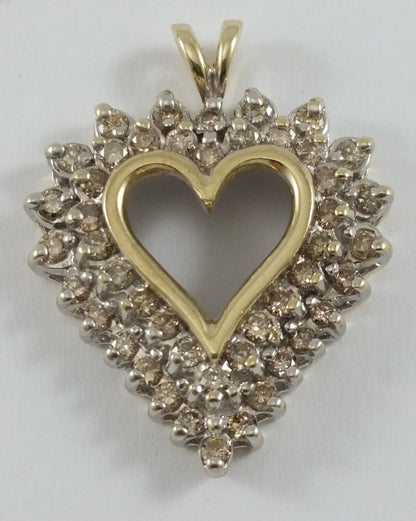 10K Solid Two Tone Gold Open Heart Diamond Pendant