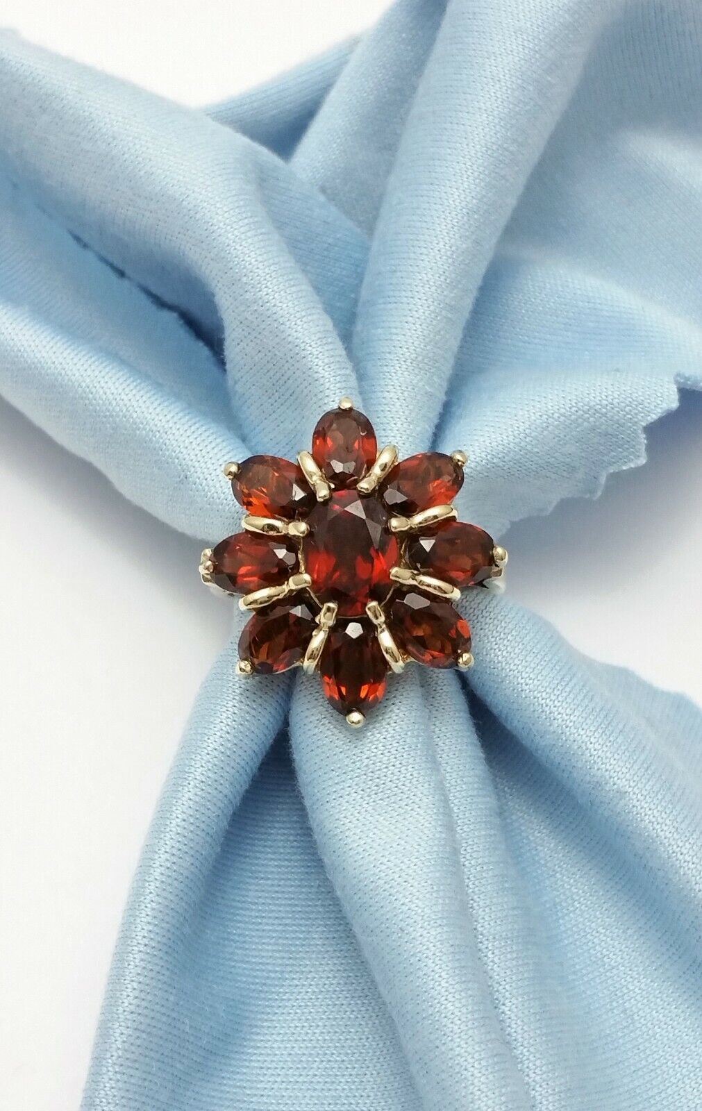 10K Solid Yellow Gold Flower Garnet Ring