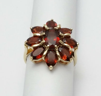 10K Solid Yellow Gold Flower Garnet Ring