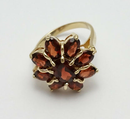 10K Solid Yellow Gold Flower Garnet Ring