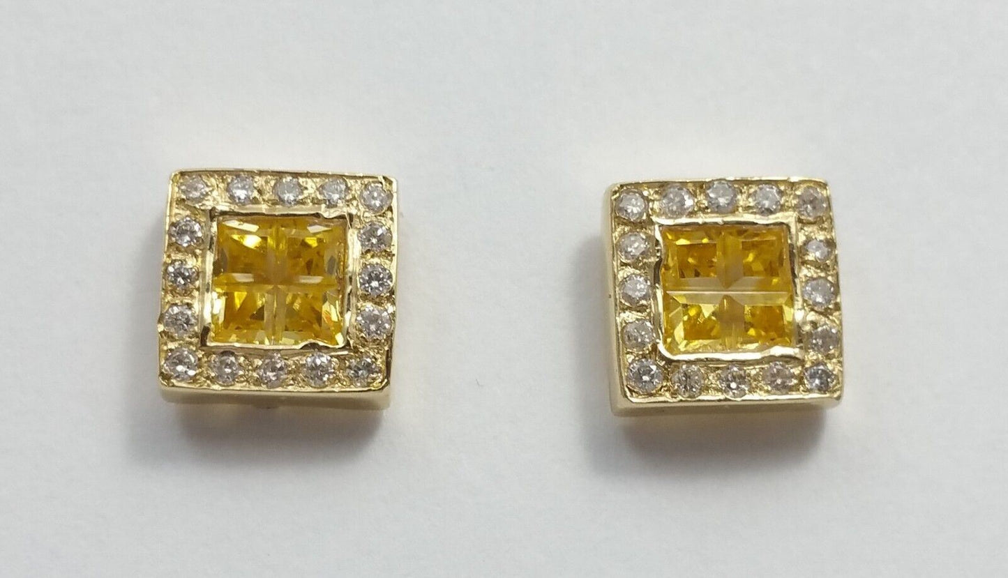 14K Yellow Gold Square Shaped Diamond and Topaz Stud Earrings