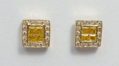 14K Yellow Gold Square Shaped Diamond and Topaz Stud Earrings