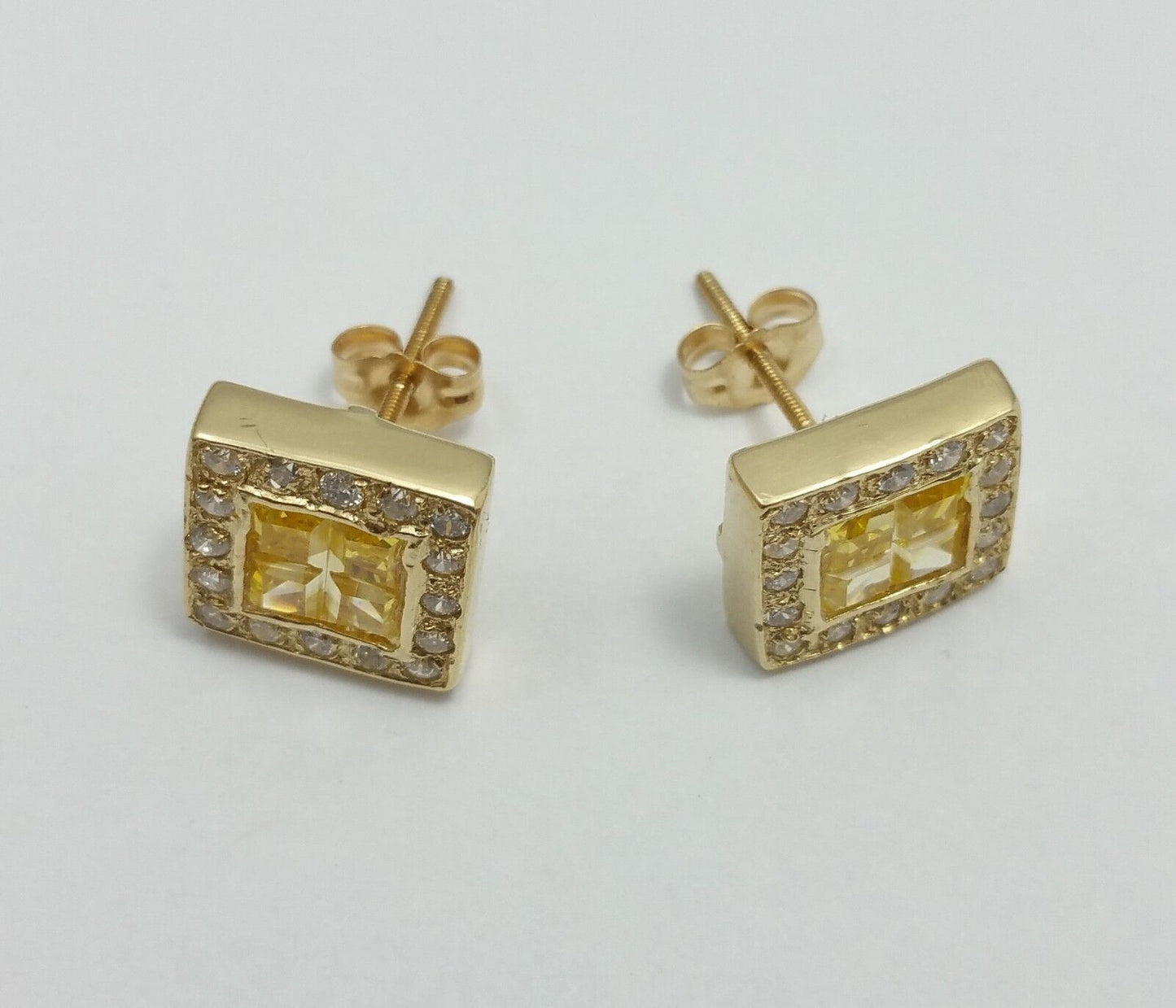 14K Yellow Gold Square Shaped Diamond and Topaz Stud Earrings