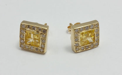 14K Yellow Gold Square Shaped Diamond and Topaz Stud Earrings