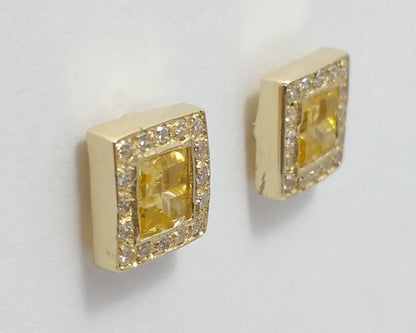 14K Yellow Gold Square Shaped Diamond and Topaz Stud Earrings