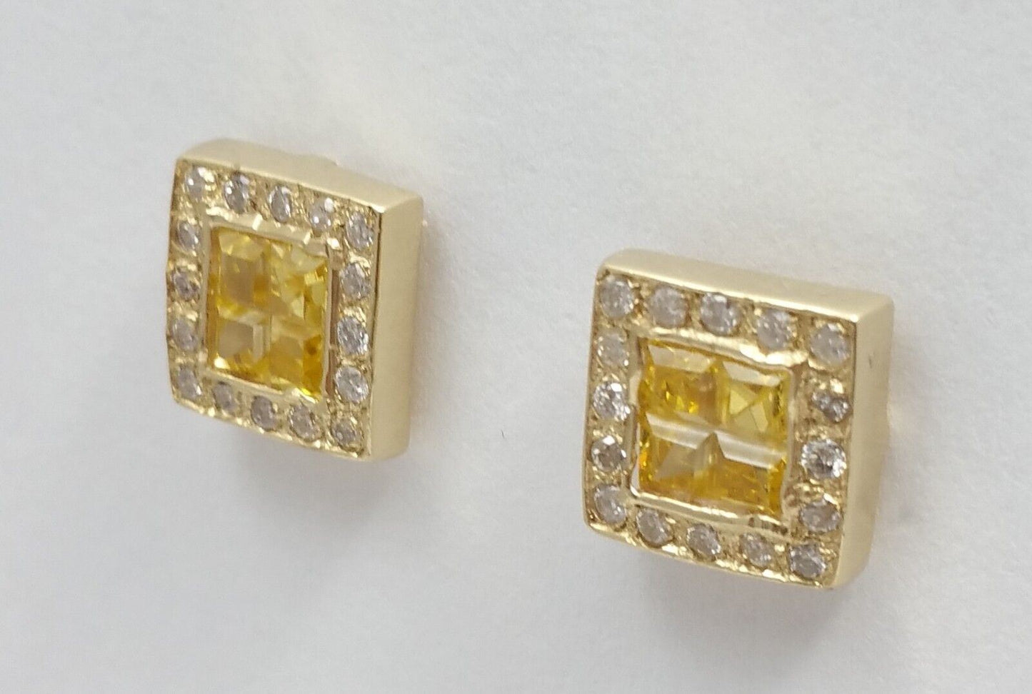 14K Yellow Gold Square Shaped Diamond and Topaz Stud Earrings