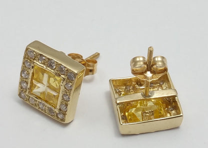 14K Yellow Gold Square Shaped Diamond and Topaz Stud Earrings