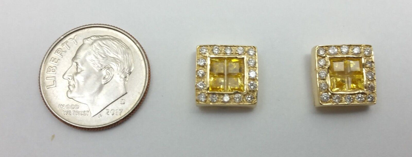 14K Yellow Gold Square Shaped Diamond and Topaz Stud Earrings