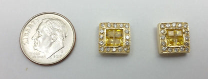 14K Yellow Gold Square Shaped Diamond and Topaz Stud Earrings