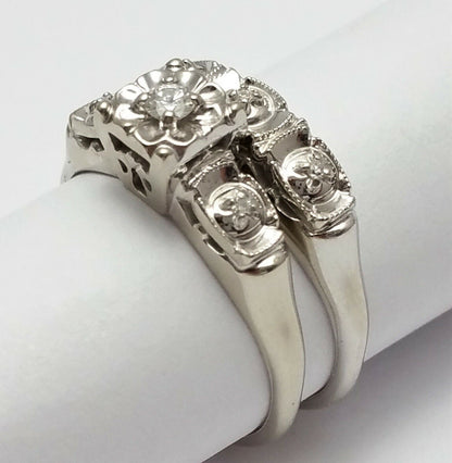 14K White Gold Ladies Wedding Set Ring With Diamonds