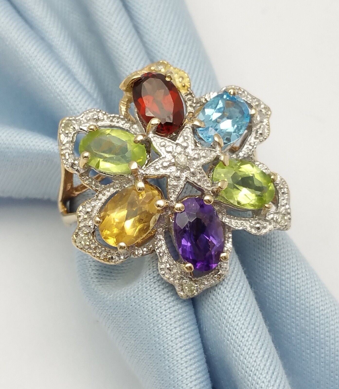 14K Solid Yellow Gold Flower Star Multi Color Stones & Diamond Ring