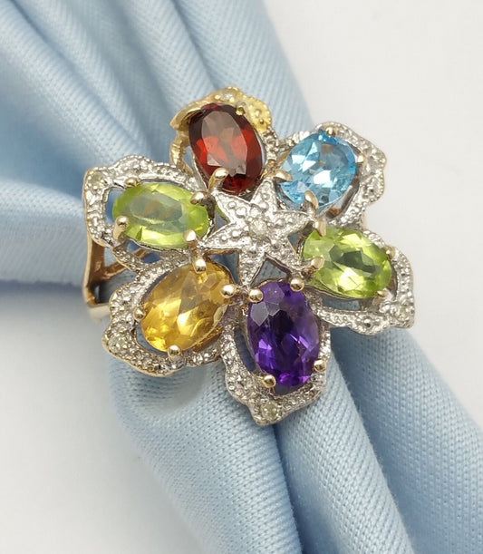 14K Solid Yellow Gold Flower Star Multi Color Stones & Diamond Ring