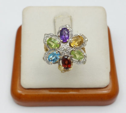 14K Solid Yellow Gold Flower Star Multi Color Stones & Diamond Ring