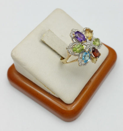 14K Solid Yellow Gold Flower Star Multi Color Stones & Diamond Ring