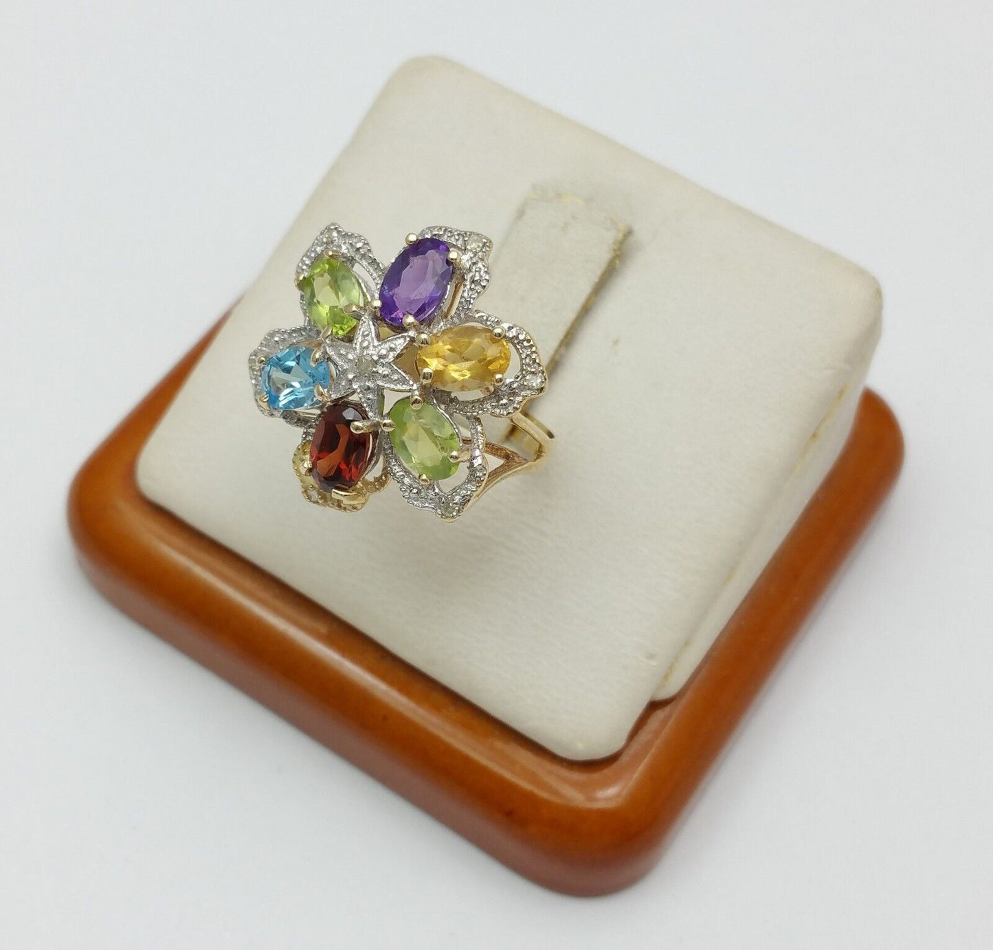 14K Solid Yellow Gold Flower Star Multi Color Stones & Diamond Ring