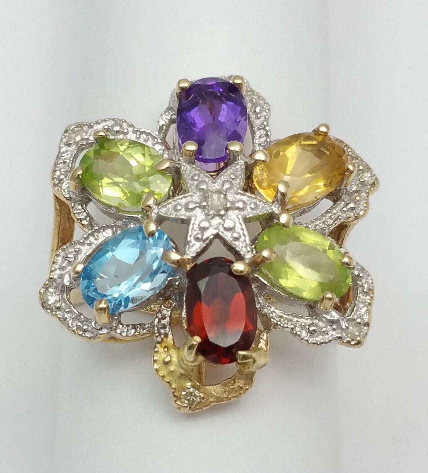 14K Solid Yellow Gold Flower Star Multi Color Stones & Diamond Ring