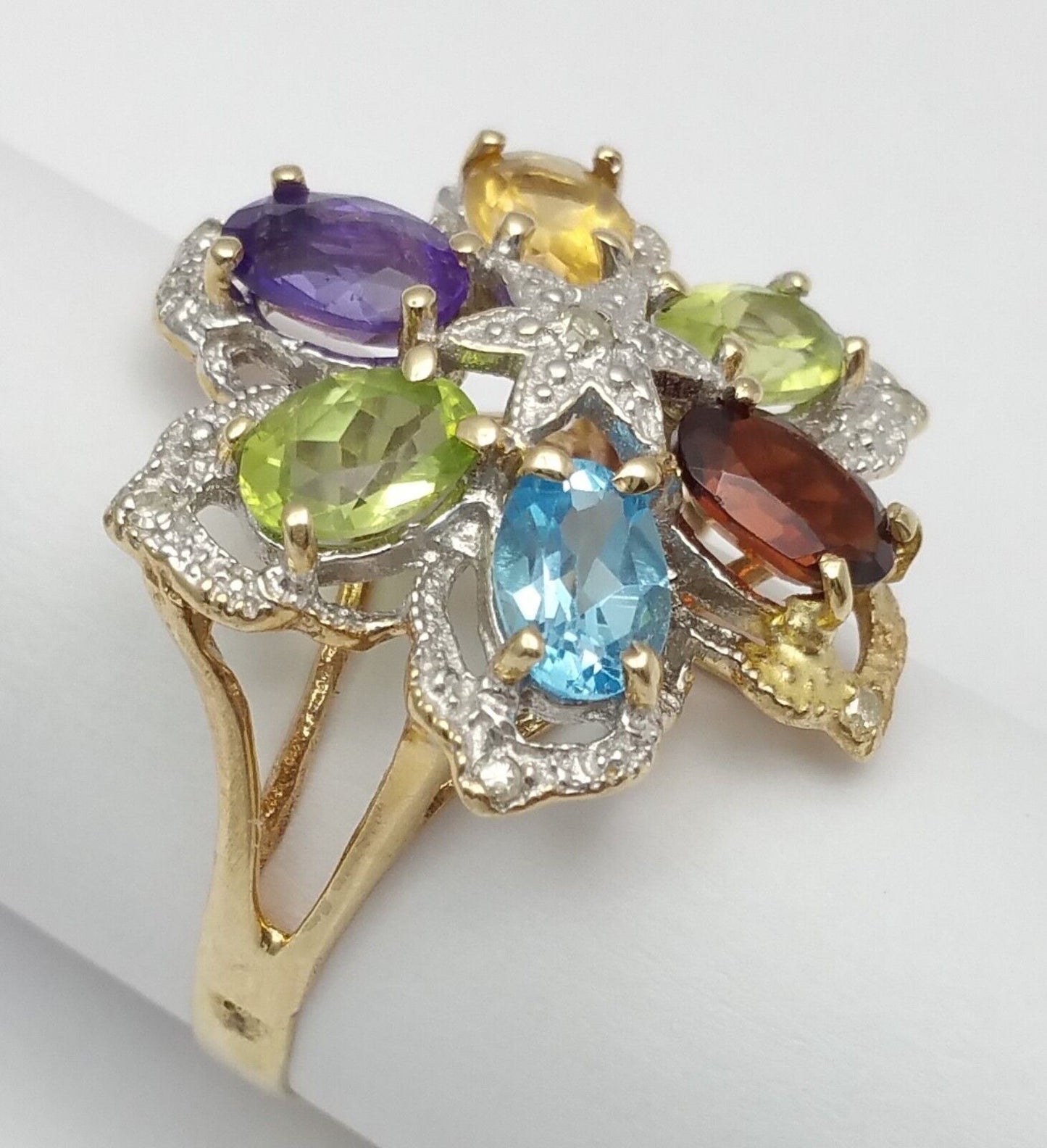 14K Solid Yellow Gold Flower Star Multi Color Stones & Diamond Ring