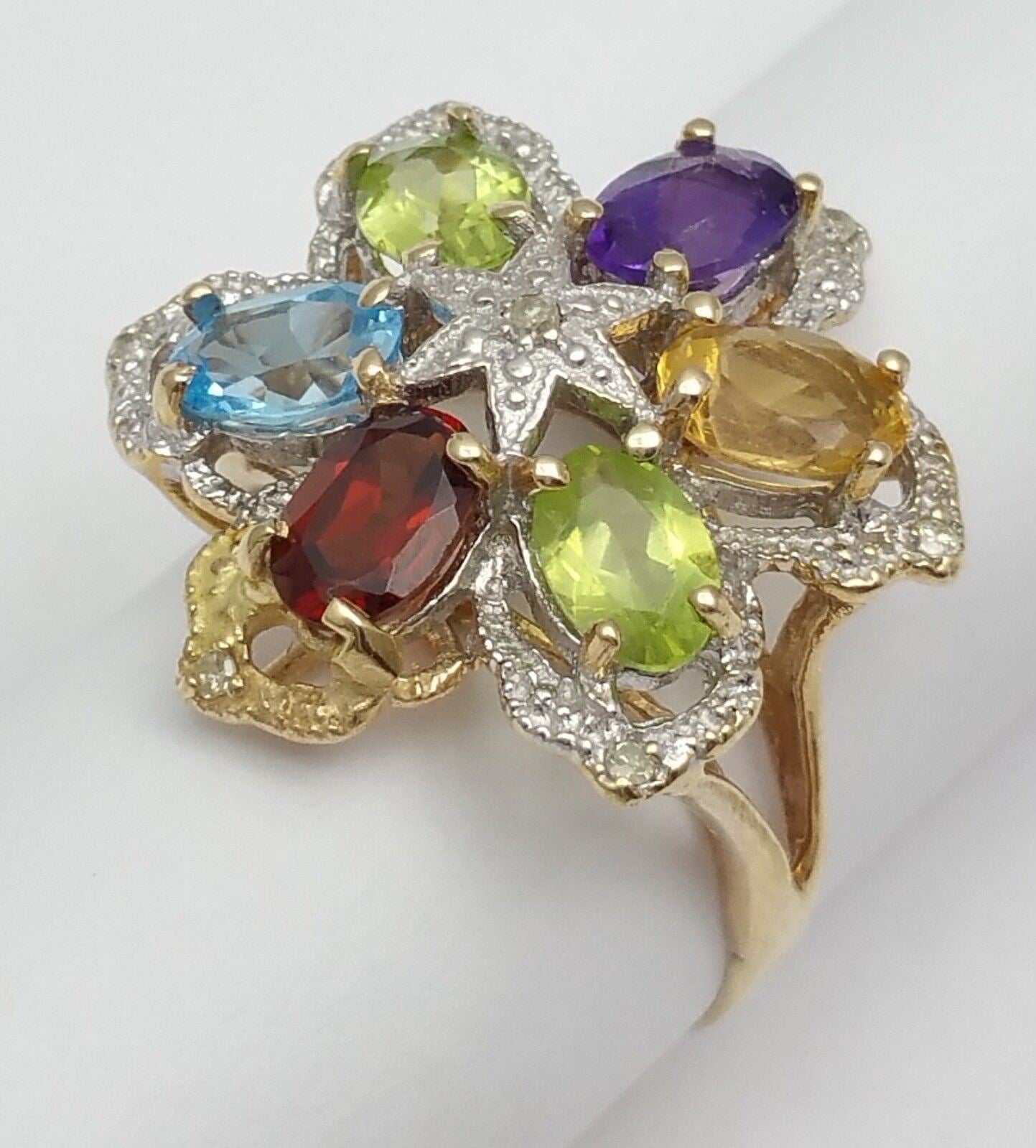 14K Solid Yellow Gold Flower Star Multi Color Stones & Diamond Ring