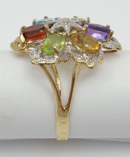 14K Solid Yellow Gold Flower Star Multi Color Stones & Diamond Ring