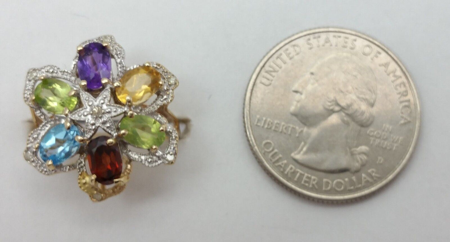 14K Solid Yellow Gold Flower Star Multi Color Stones & Diamond Ring