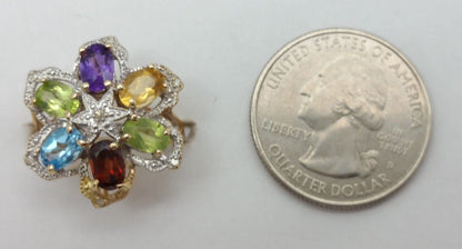 14K Solid Yellow Gold Flower Star Multi Color Stones & Diamond Ring