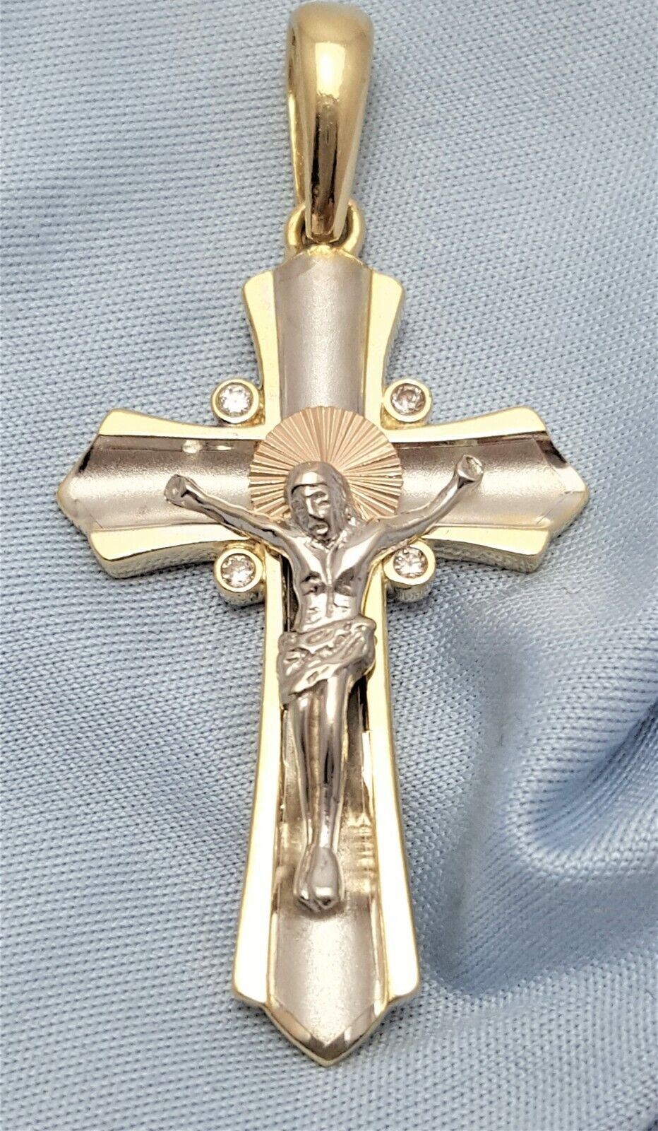 14K Solid Tri Tone Gold Cubic Zirconia Jesus Cross Charm Pendant