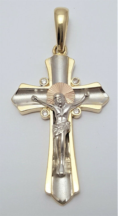 14K Solid Tri Tone Gold Cubic Zirconia Jesus Cross Charm Pendant