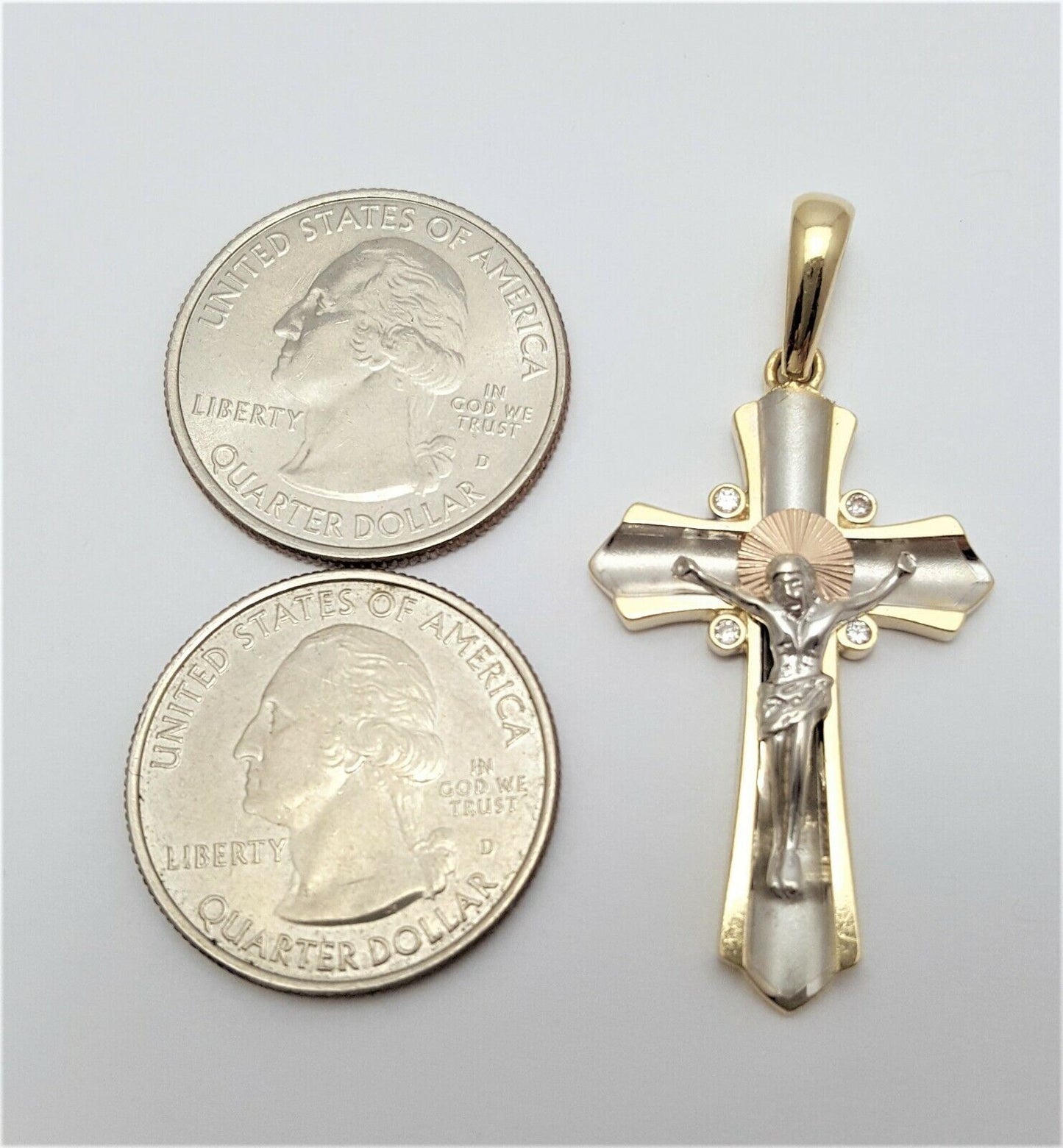 14K Solid Tri Tone Gold Cubic Zirconia Jesus Cross Charm Pendant