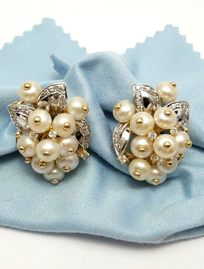 14K Two Tone Gold Ladies Cubic Zirconia & Pearls Earrings