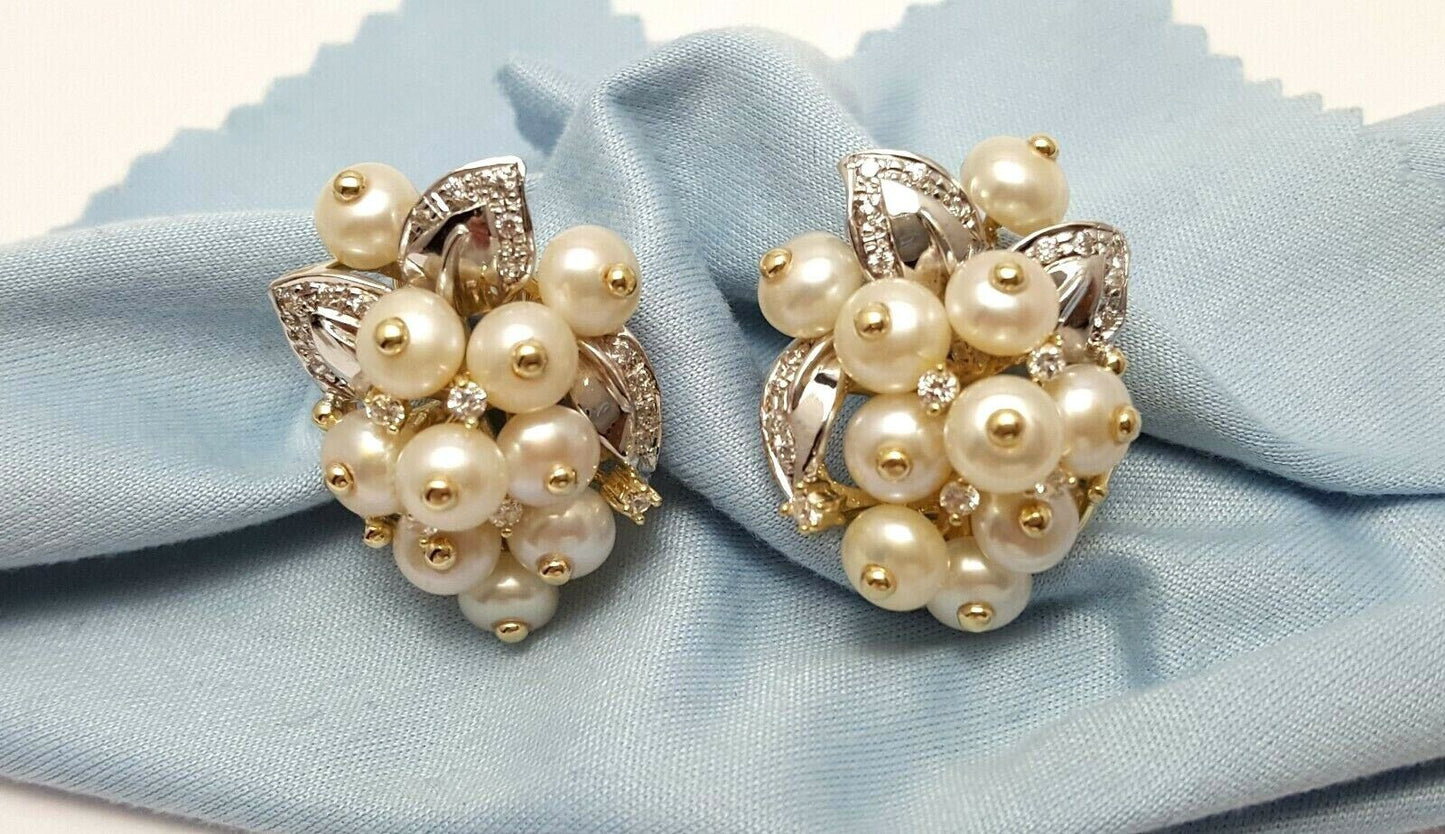 14K Two Tone Gold Ladies Cubic Zirconia & Pearls Earrings