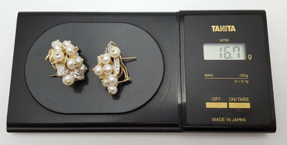 14K Two Tone Gold Ladies Cubic Zirconia & Pearls Earrings