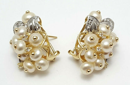 14K Two Tone Gold Ladies Cubic Zirconia & Pearls Earrings