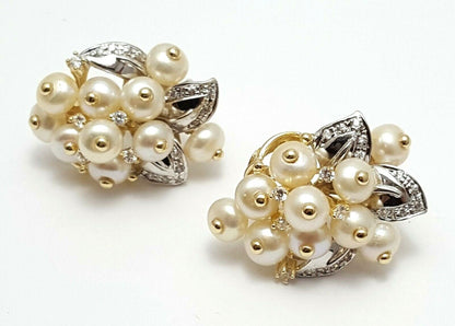 14K Two Tone Gold Ladies Cubic Zirconia & Pearls Earrings