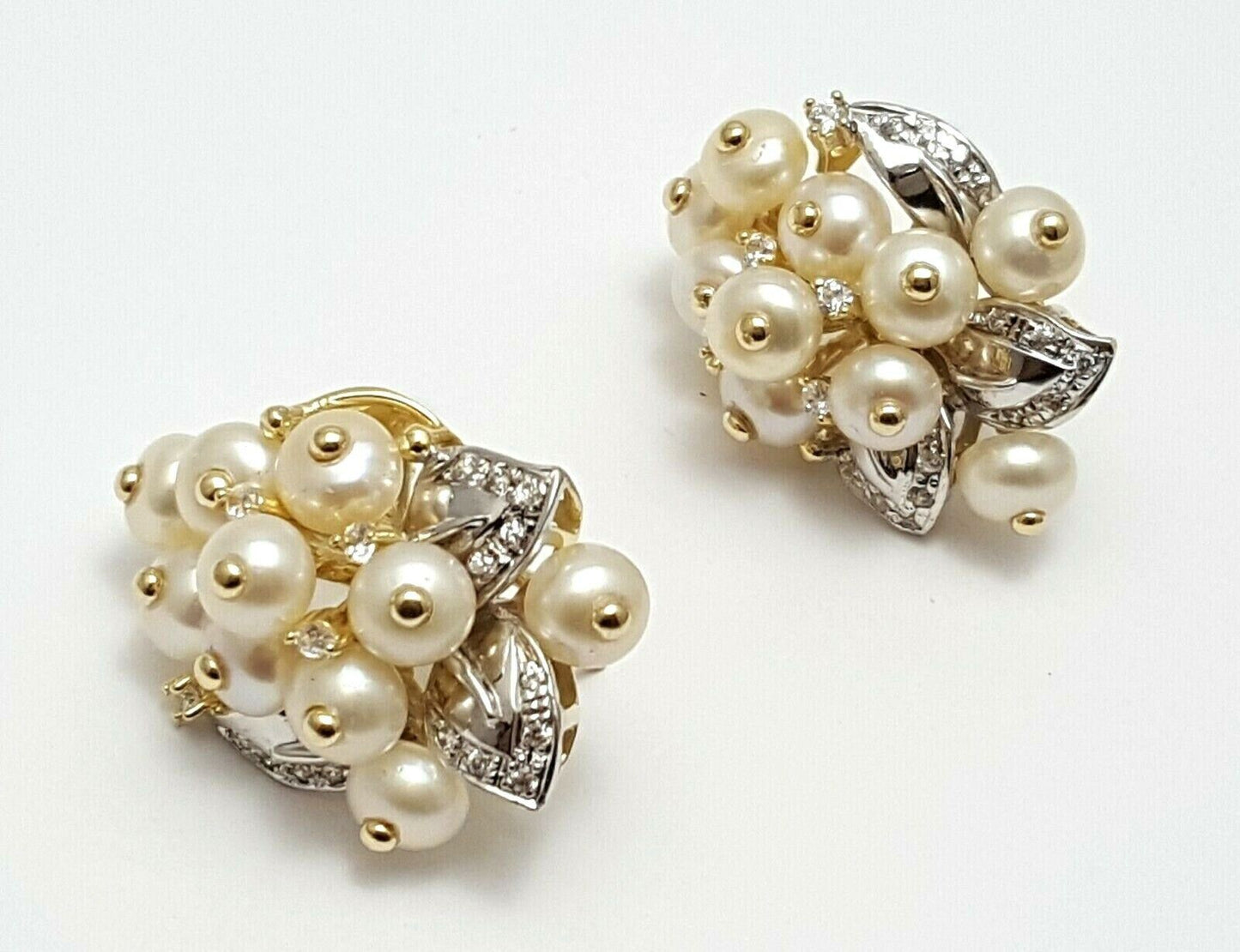 14K Two Tone Gold Ladies Cubic Zirconia & Pearls Earrings