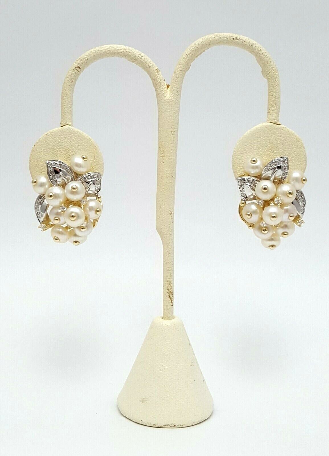 14K Two Tone Gold Ladies Cubic Zirconia & Pearls Earrings