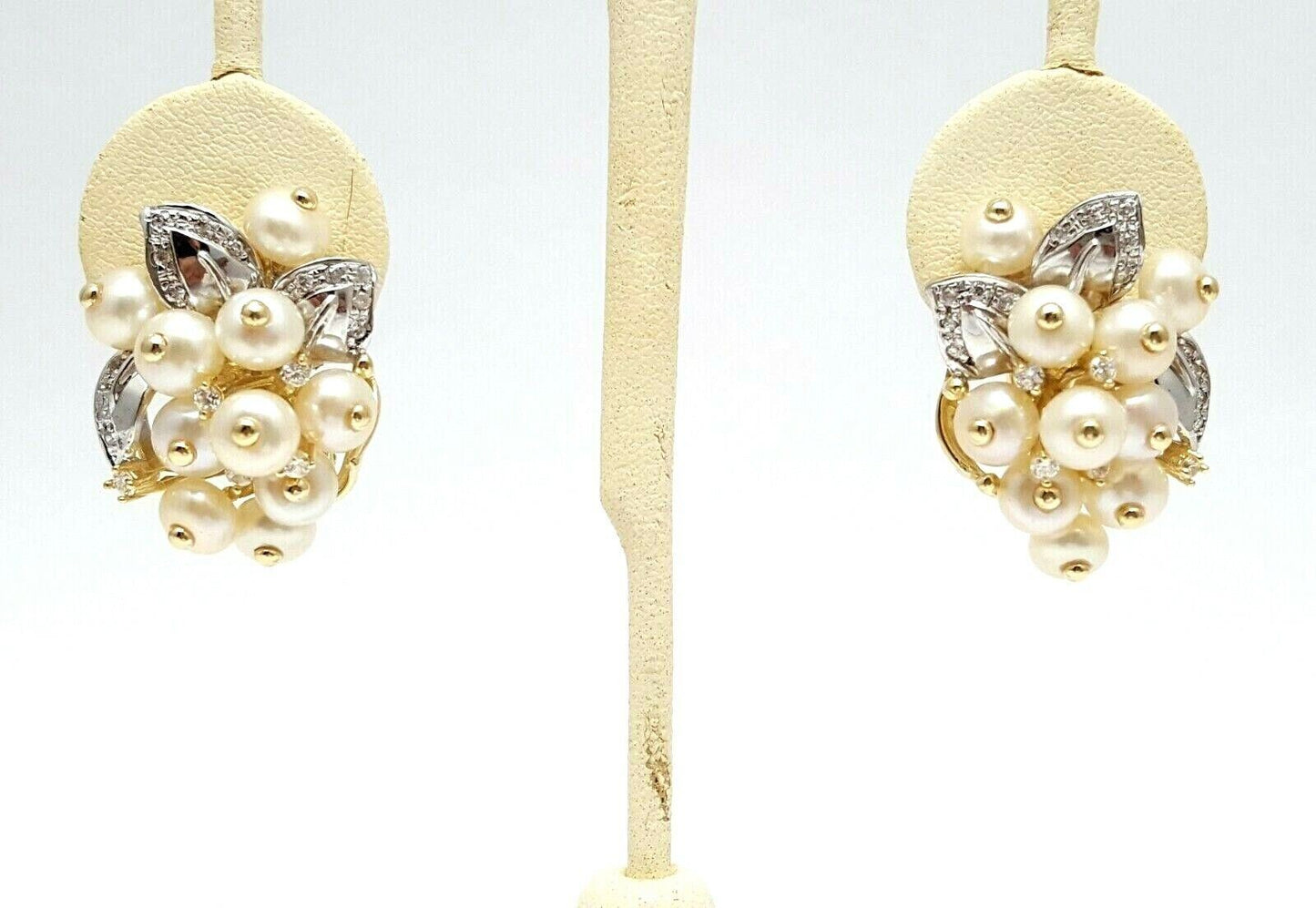 14K Two Tone Gold Ladies Cubic Zirconia & Pearls Earrings