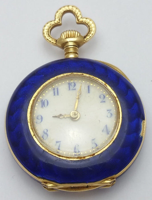 Vintage Antique 18K Yellow Gold & Enamel Crest with Raw Diamonds Pocket Watch