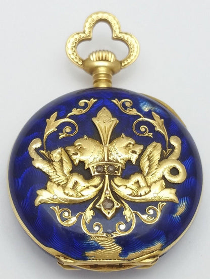 Vintage Antique 18K Yellow Gold & Enamel Crest with Raw Diamonds Pocket Watch