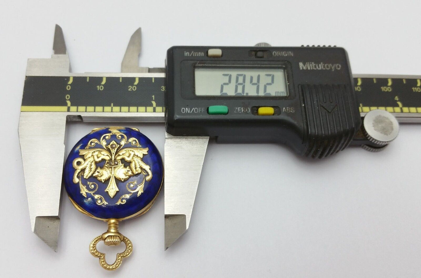 Vintage Antique 18K Yellow Gold & Enamel Crest with Raw Diamonds Pocket Watch