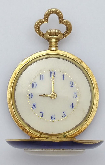 Vintage Antique 18K Yellow Gold & Enamel Crest with Raw Diamonds Pocket Watch