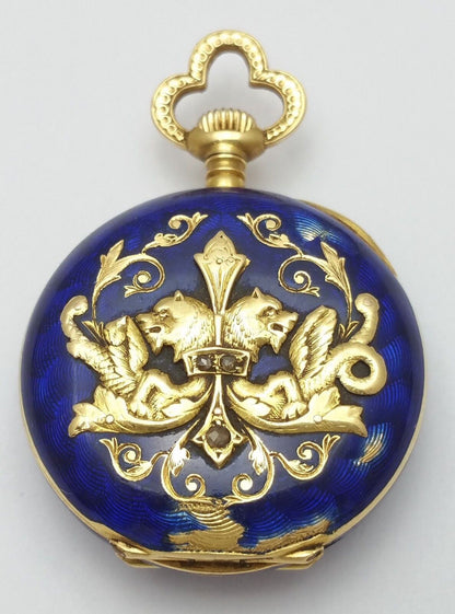 Vintage Antique 18K Yellow Gold & Enamel Crest with Raw Diamonds Pocket Watch