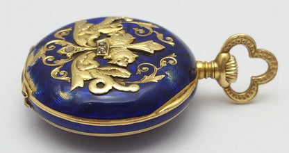 Vintage Antique 18K Yellow Gold & Enamel Crest with Raw Diamonds Pocket Watch