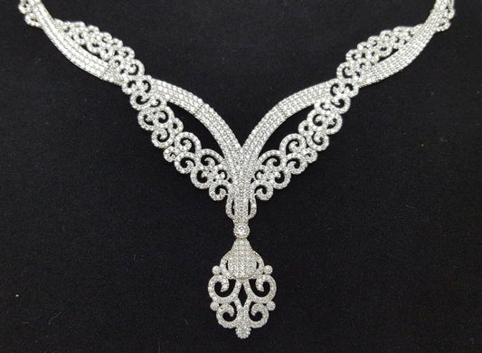 18K White Gold Designer Link Chain Necklace with Cubic Zirconias