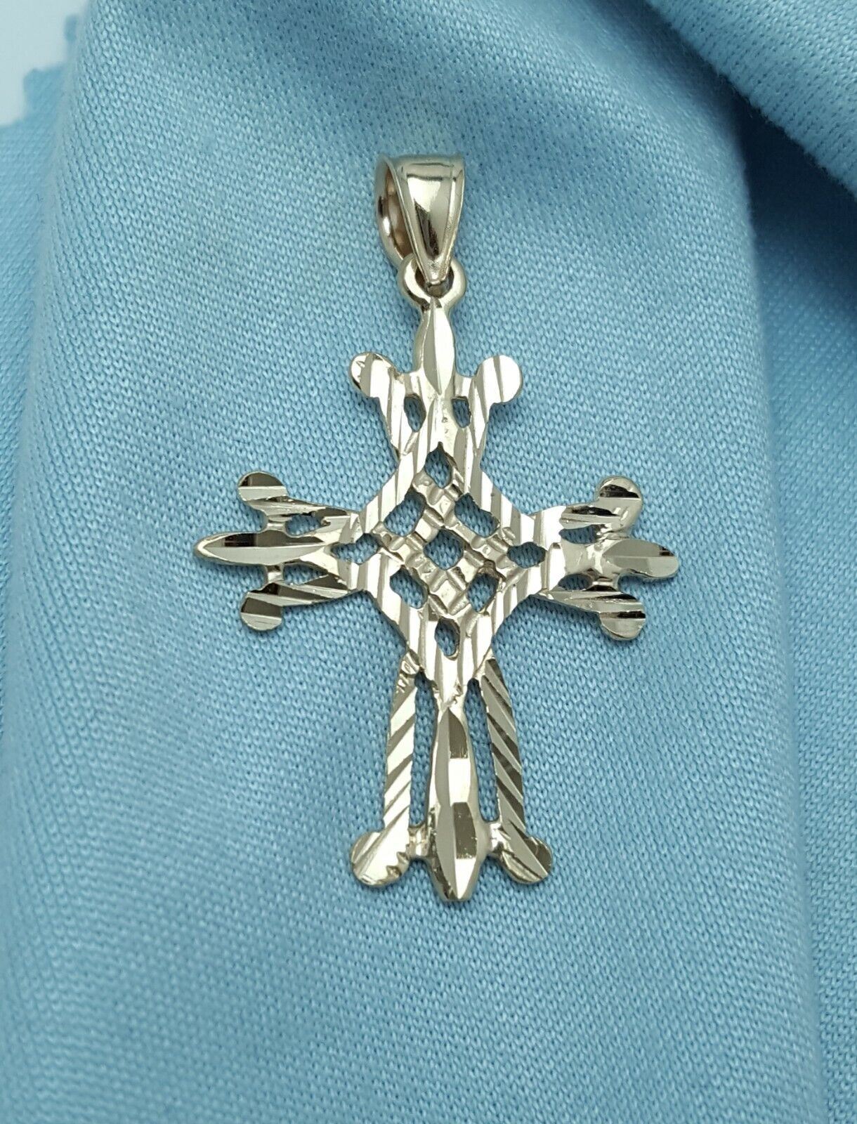 14K Solid Yellow Gold Diamond Cut Religious Cross Charm Pendant