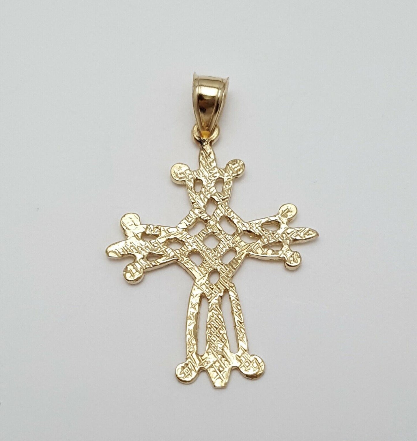 14K Solid Yellow Gold Diamond Cut Religious Cross Charm Pendant