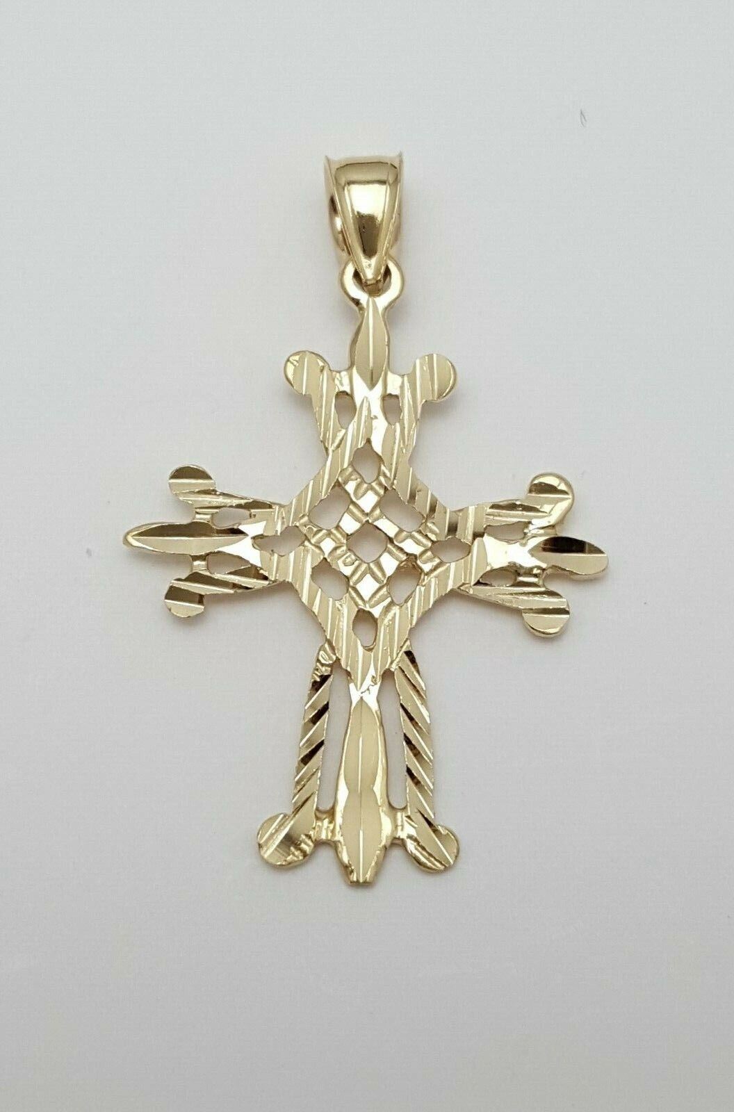 14K Solid Yellow Gold Diamond Cut Religious Cross Charm Pendant