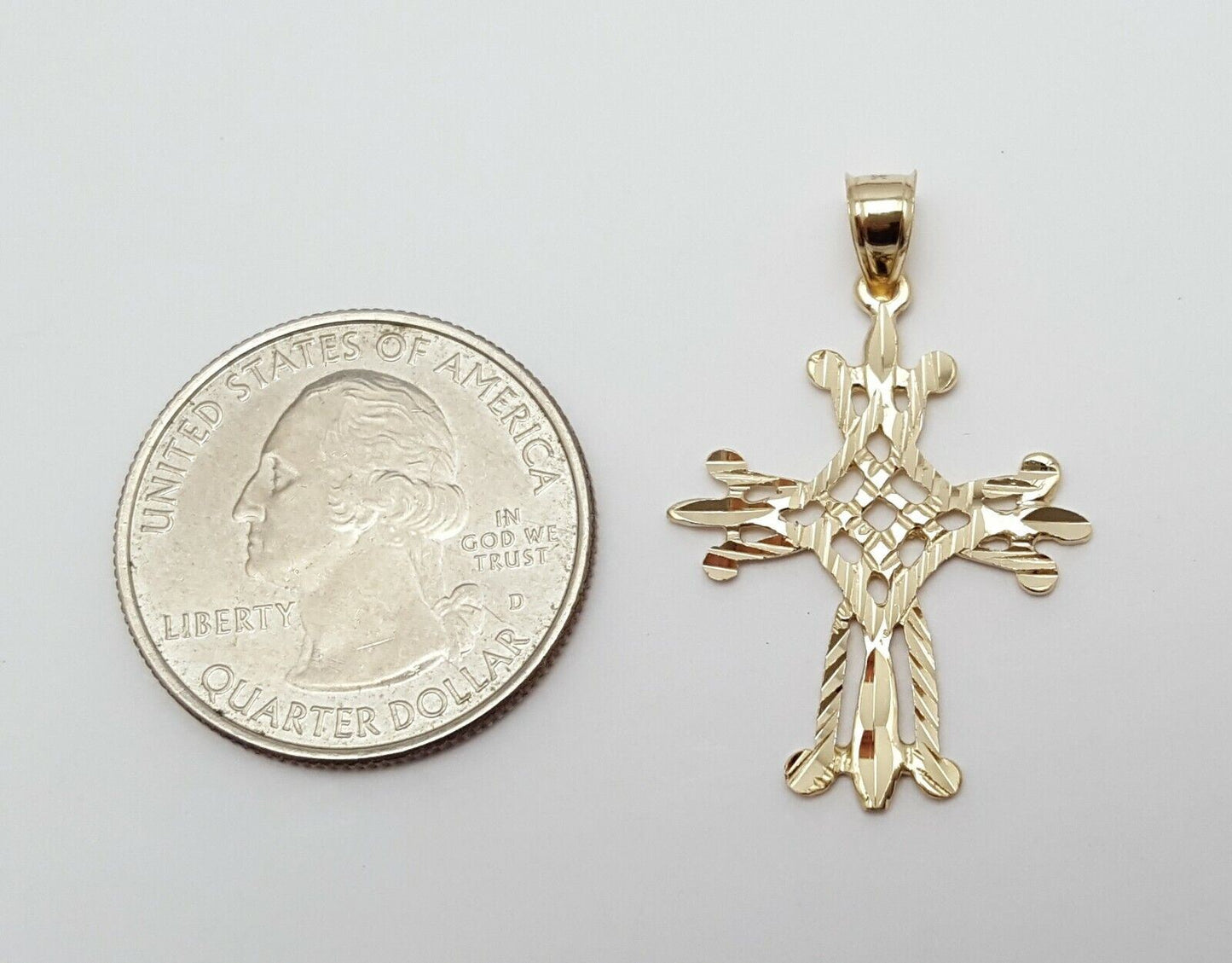 14K Solid Yellow Gold Diamond Cut Religious Cross Charm Pendant