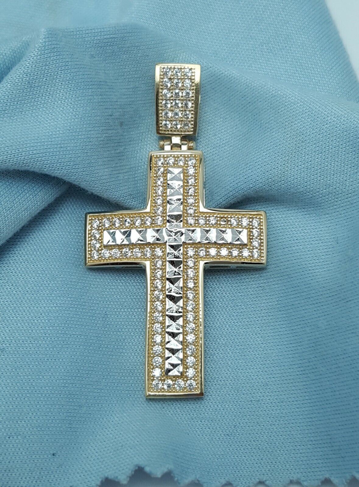 14K Two Tone Gold Religious Cubic Zirconia Cross Charm Pendant