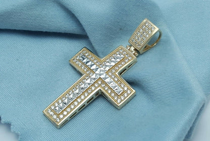 14K Two Tone Gold Religious Cubic Zirconia Cross Charm Pendant